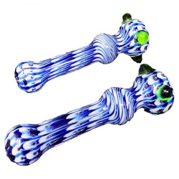 Blue Handmade Glass Chillum w/ Swirls & Marble Accents